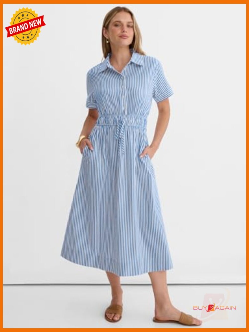 Women's Midi Dress Short Sleeve Striped Button Collar Casual Beach Dress - Picture 5 of 7
